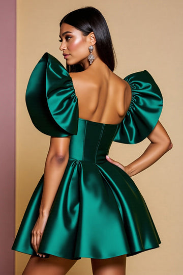 Dark Green Ruffled Sleeve Satin A Line Short Prom Dress
